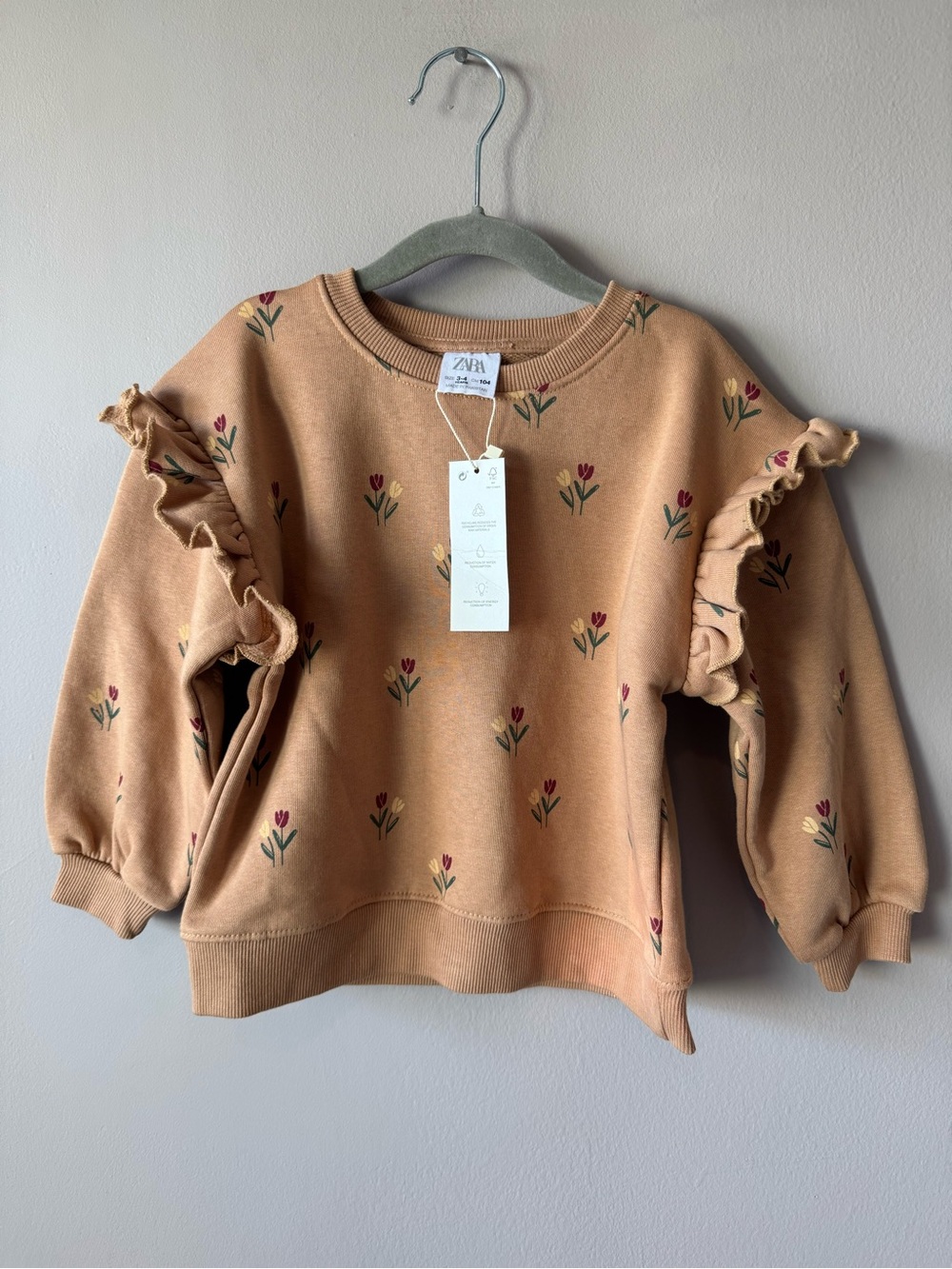 Zara NWT Girls Floral Ruffle Shoulder Crewneck Sweatshirt Size 3-4 Years